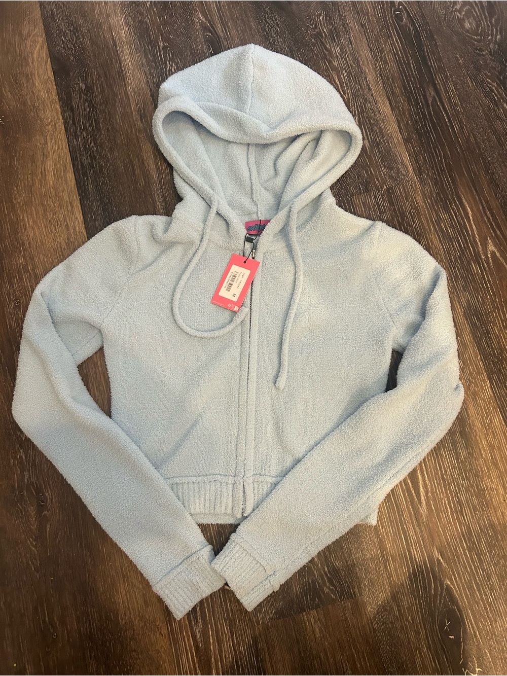 Edikted Light Blue Fuzzy Cropped Zip Up